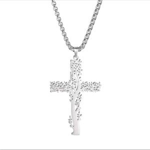 Stainless Steel Jesus Cross Tree of Life Silver Necklace